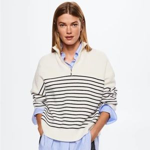 Mango MNG Oversized Striped Sweater Pullover Quarter Zip White Black Medium